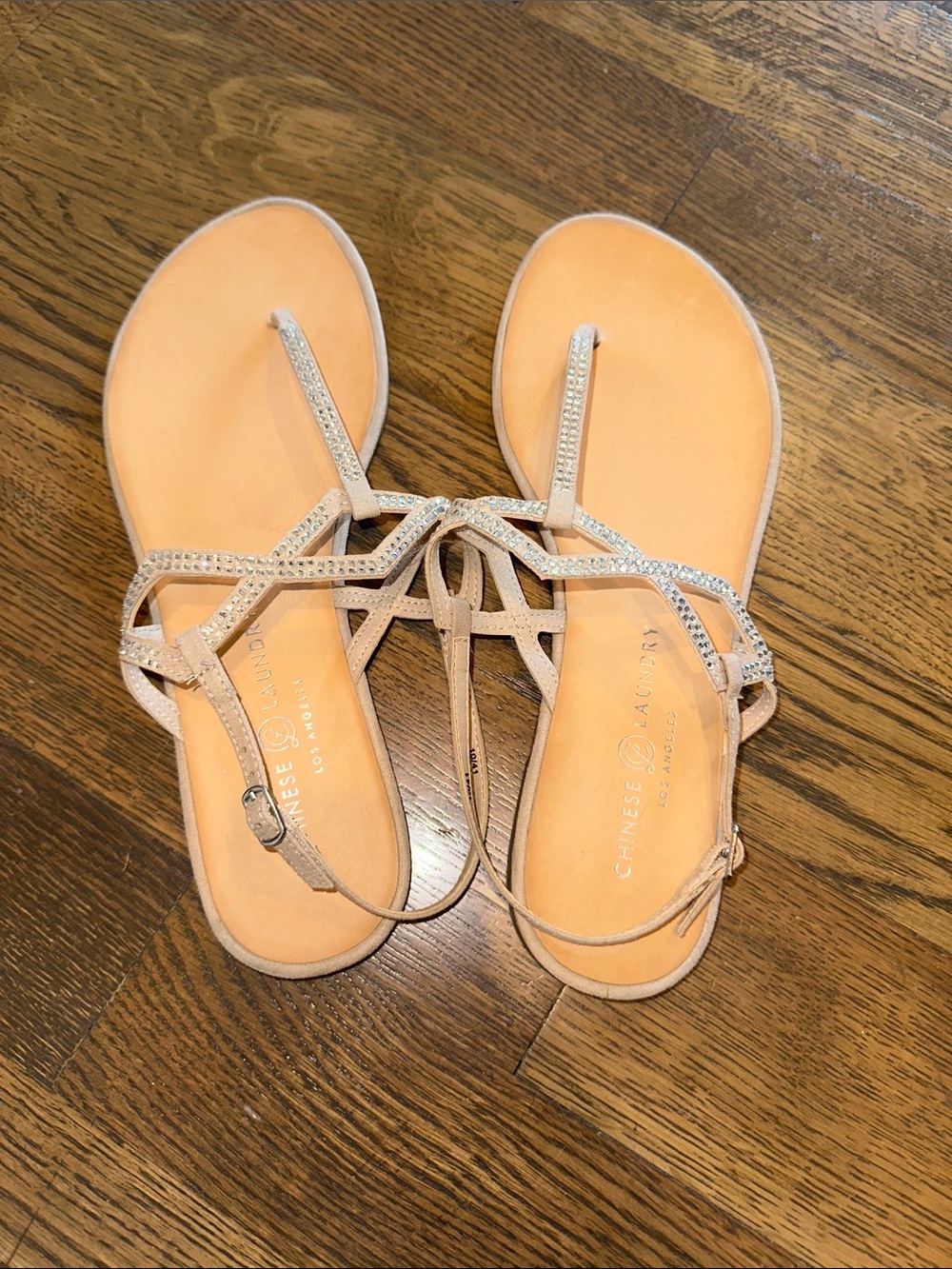 Chinese Laundry Nude/Rhinestone T-Strap Sandals